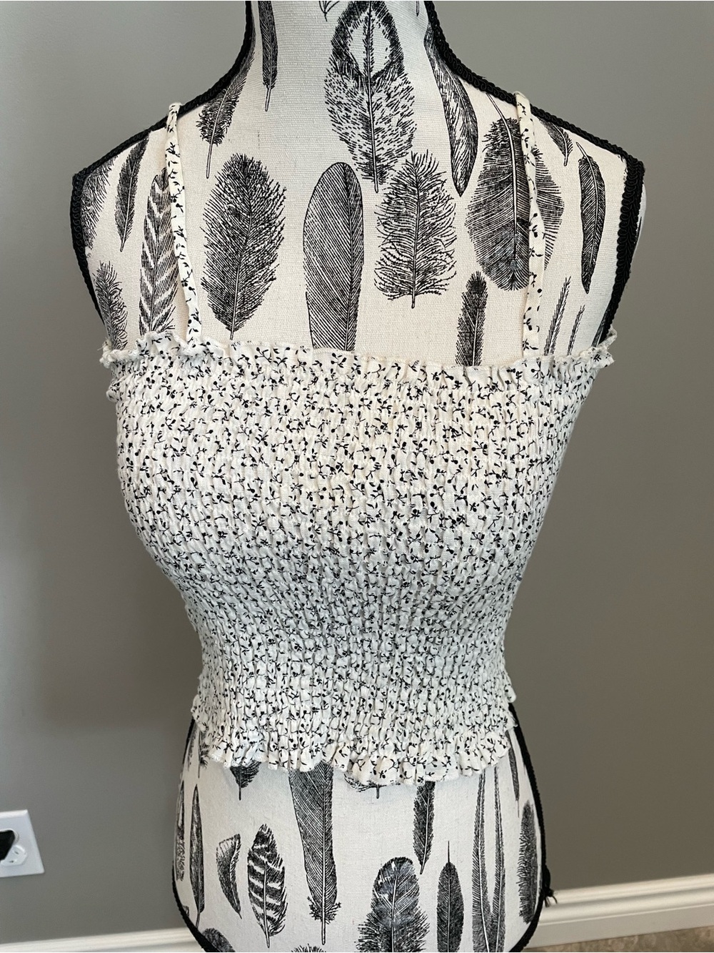 JOHN GALT - White Smocked Crop Top with Black Floral Speckle